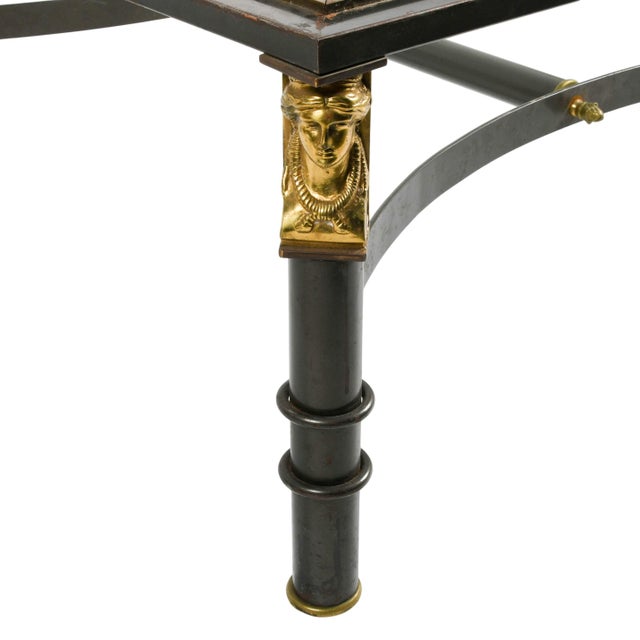 Brushed Steel & Brass Figural Accent Glass Top Coffee Table, Neoclassical Style For Sale - Image 4 of 5