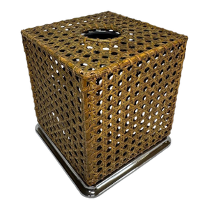 Vintage Rattan Cane Webbing Tissue Box Holder With Stainless Steel Liner Insert