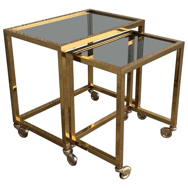 Nesting Tables Italian Design 1970 in Brass With Smoked Glass and Wheels - a Pair For Sale - Image 11 of 11