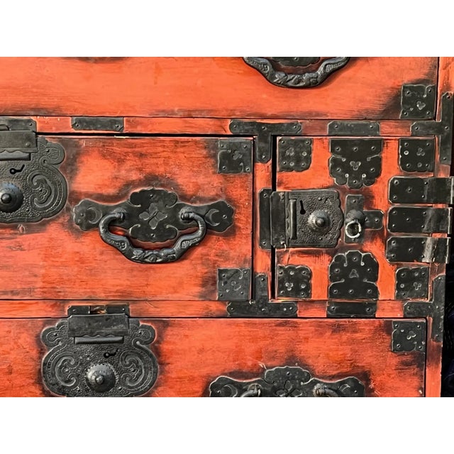 Oxblood Red Antique Japanese Meiji Period Tansu Chest of Drawers Iron Hardware Elm Wood For Sale - Image 8 of 12