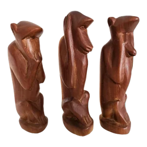 Carved African Iroko Wood Three Wise Monkey Figurines, Set of 3