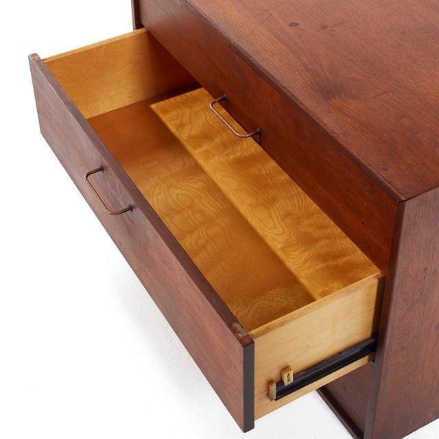 Brown Jens Risom Mid Century Walnut and Brass Wall Mounted Cabinet Chest of Drawers For Sale - Image 8 of 10