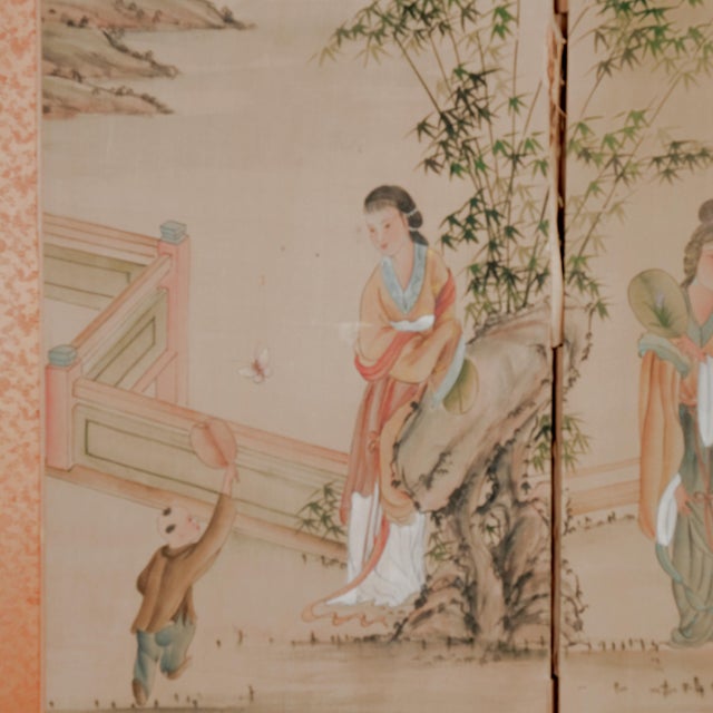 Antique Japanese Byobu 4-Panel Folding Screen Royal Maidens in Courtyard For Sale - Image 11 of 17