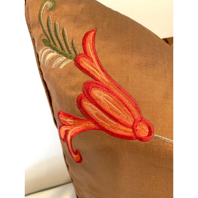 Stunning brown silk pillow with Embroidered floral decoration Disappearing zipper Feather insert Excellent vintage condition