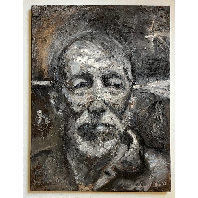 Man, Black and White Portrait Gray wood Frame.21.5"x27"x2". Oil Painting on canvas. An older gentleman painted in black...
