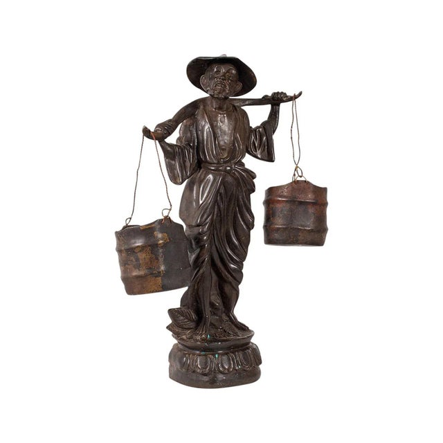 Late 19th Century Tall Antique Decorative Chinese Bronze Water Carrier Statue For Sale - Image 13 of 13