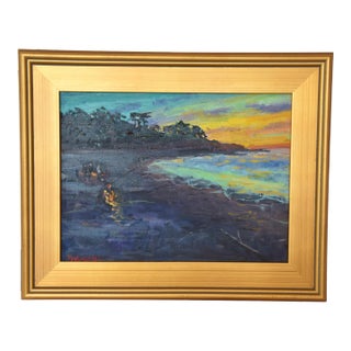 Silvio Silvestri, Listed Artist Campfires on Beach Oil Painting Including the Antiqued Gold Frame For Sale