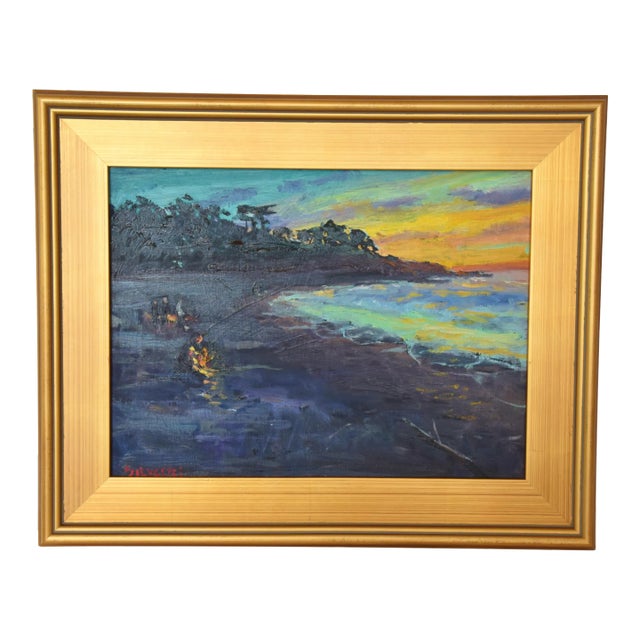 Silvio Silvestri, Listed Artist Campfires on Beach Oil Painting Including the Antiqued Gold Frame For Sale