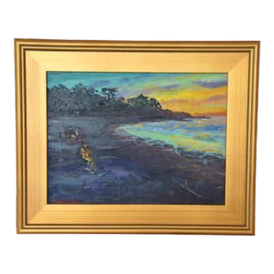 Silvio Silvestri, Listed Artist Campfires on Beach Oil Painting Including the Antiqued Gold Frame