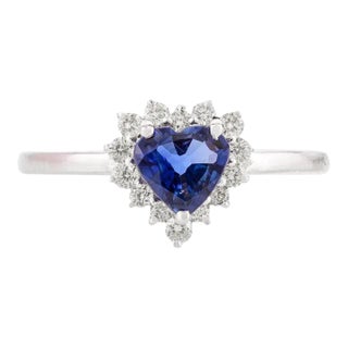 14k Gold Diamond Halo Blue Sapphire Birthstone Heart Ring Size 7 ( All Sizes Available) For Sale