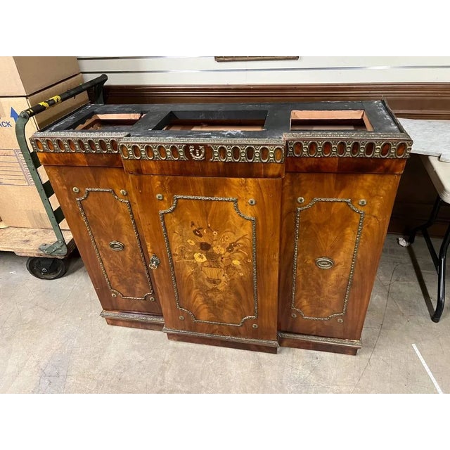Wood Early 20th Century Art Decor Style Satinwood Parquetry Inlaid Marble Top Buffet Cabinet For Sale - Image 7 of 12