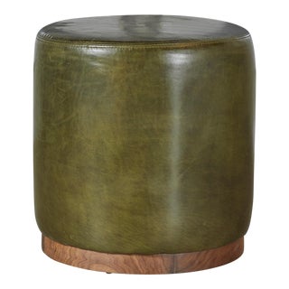 One For Victory Leather Pouf Ottoman With American Walnut For Sale