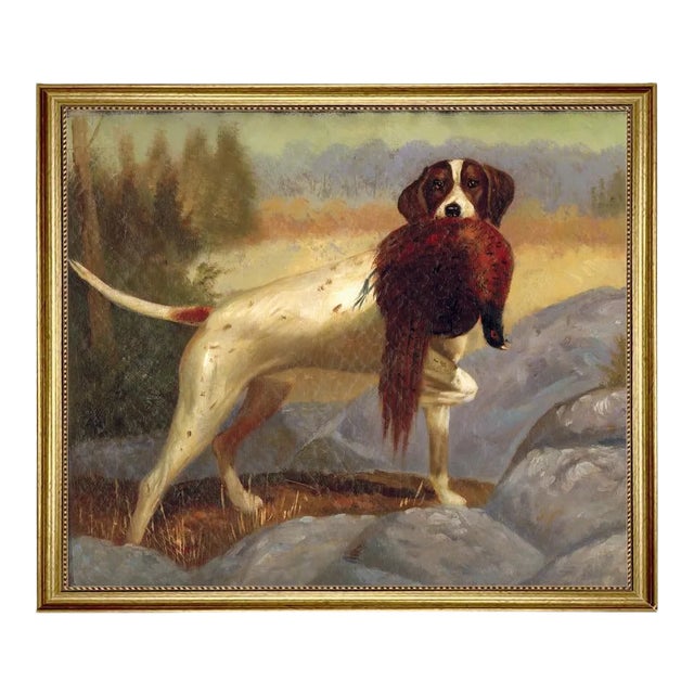 "Pointer With Pheasant" Contemporary Reproduction Print on Canvas, Framed - 27.5" X 33.5" For Sale