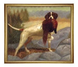 "Pointer With Pheasant" Contemporary Reproduction Print on Canvas, Framed - 27.5" X 33.5"