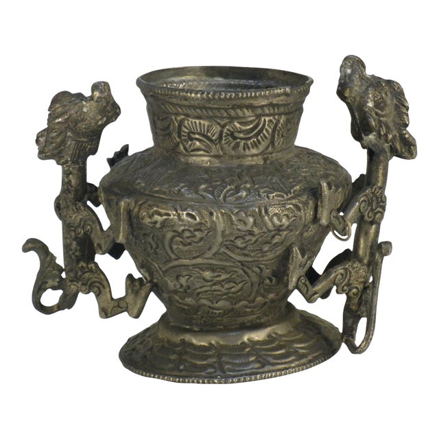 Early 20th Century Tibetan With Dragons Jar / Pot Repousse Tined, Brass: Southeast Asia For Sale