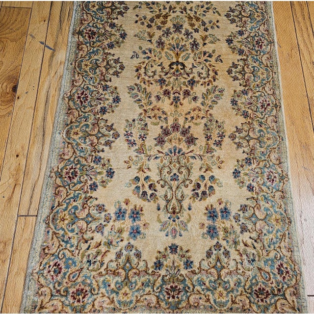 Vintage Persian Kerman Runner Rug, Hand-Knotted Wool, Allover Floral Pattern, Ivory & Blue,3x12 For Sale - Image 4 of 10