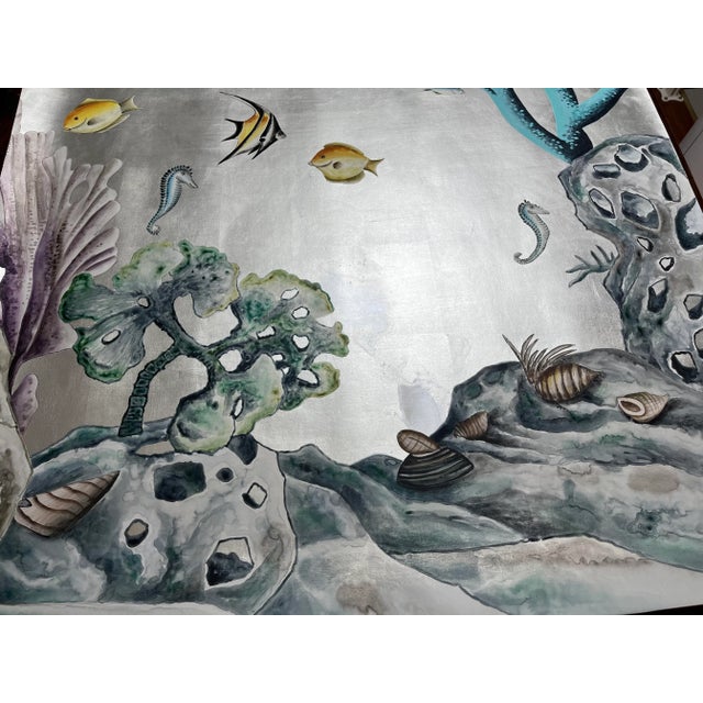 Hand Painted Coral Fish Wallpaper on Antiqued Silver Metallic Panel - Set of 4 For Sale - Image 4 of 10