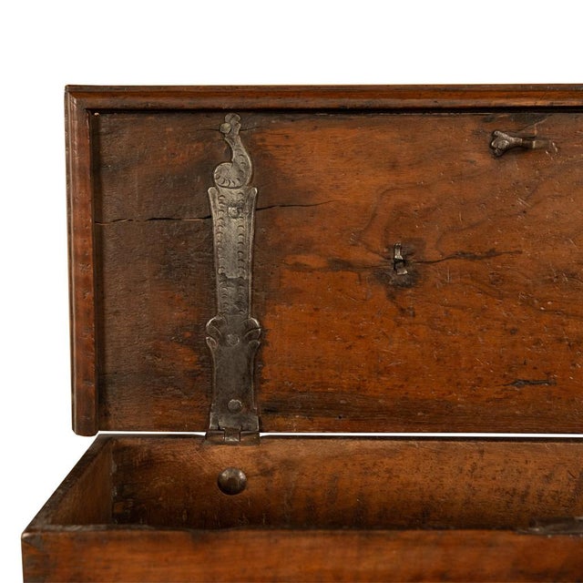 Antique Italian Baroque Walnut & Engraved Iron Jewelry Strong Box Cassone 1600 For Sale - Image 12 of 17