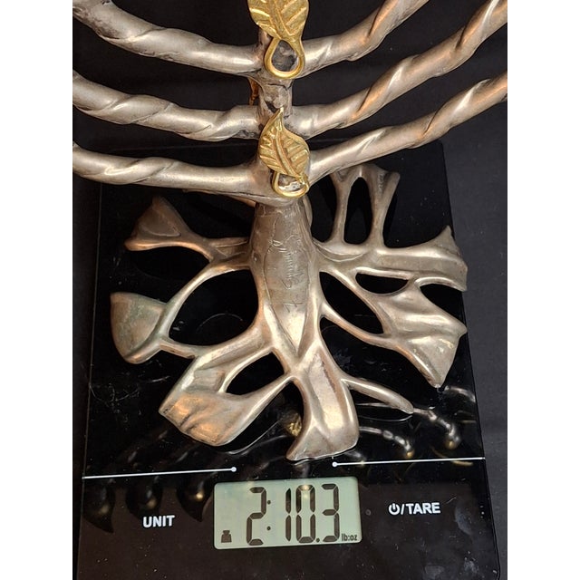 VTG Fred Spinowitz Tree of Life Menorah Signed Judaica Silver Tone Brass Leaves For Sale - Image 18 of 18