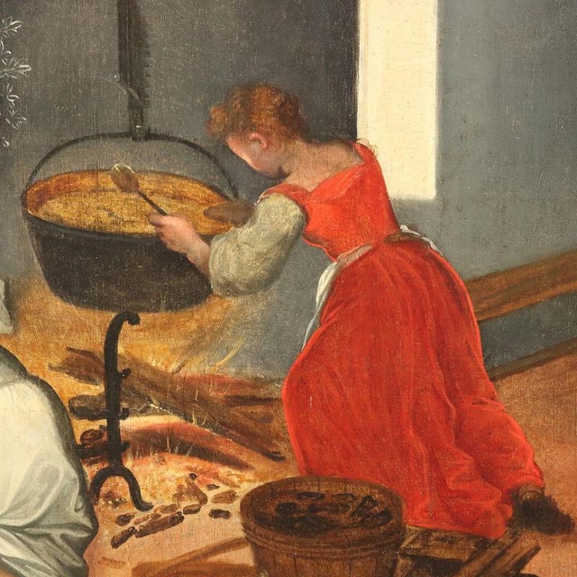 Flemish Artist, Interior Kitchen Scene, Large Oil on Canvas, Framed For Sale - Image 10 of 16