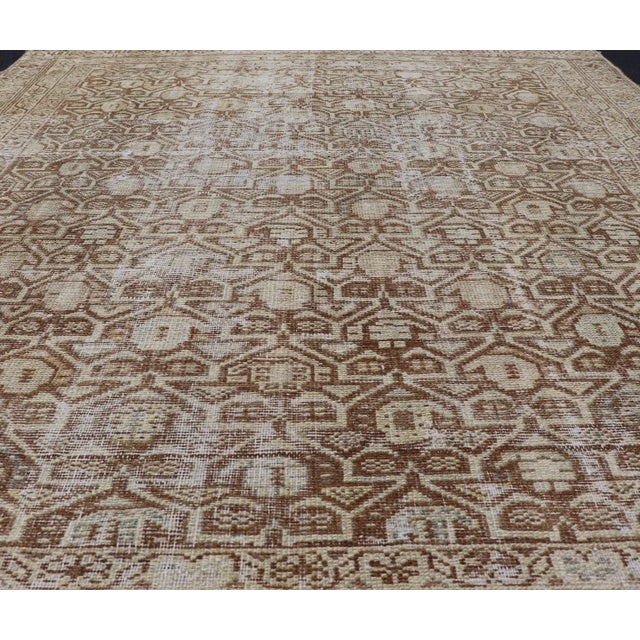 Tribal Persian Antique Malayer Rug With Layered Geometric Motifs in Tan, Taupe, Cream 4'5 X 5'1 For Sale - Image 3 of 10