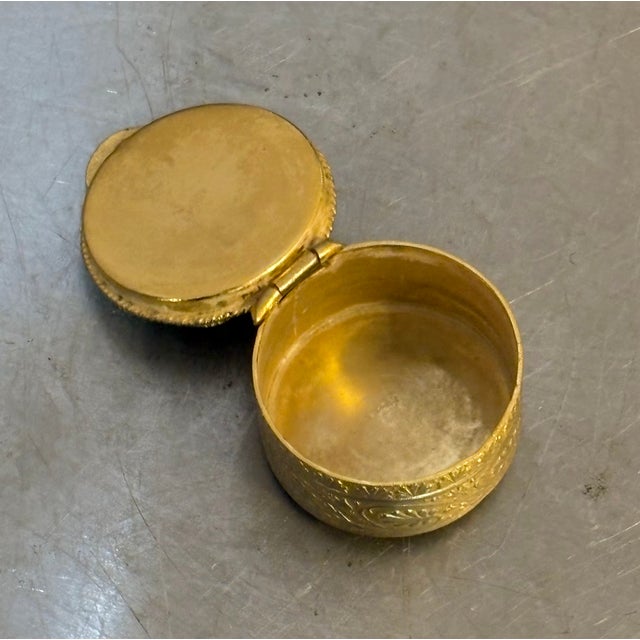 1930s-40s Italian brass small round hinge-top box w/ micromosaic floral on top. Excellent condition.