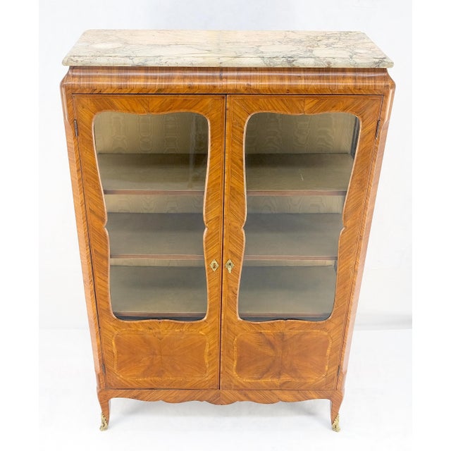Double Glass Doors French Inlayed Marble Top Curio Cabinet Book Case For Sale - Image 6 of 12