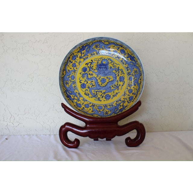 Ceramic 20th Century Chinese Blue & Yellow Dragon Porcelain Charger – 15” Decorative Plate For Sale - Image 7 of 10