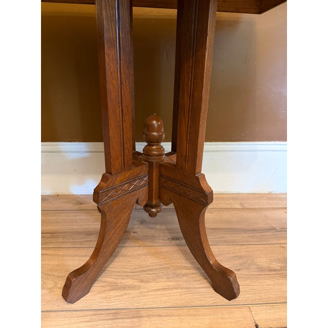 Antique Eastlake Victorian Oak Parlor Side Table With Carved Pedestal Base and Acorn Finial For Sale - Image 9 of 15