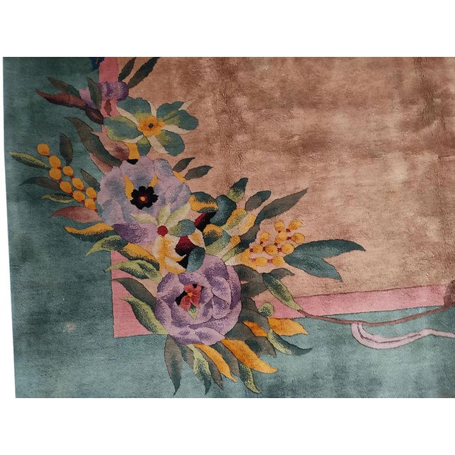 1920s Antique Chinese Beige Cream Open Field Floral Art Deco Wool Knotted Rug For Sale - Image 10 of 13