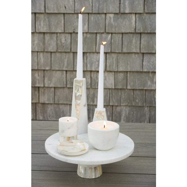 White White Marble & Mother of Pearl Candle Holder - Small For Sale - Image 8 of 13