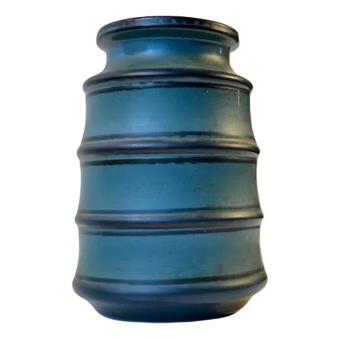 Striped Petrol Blue Ceramic Vase by Knabstrup, 1960s For Sale