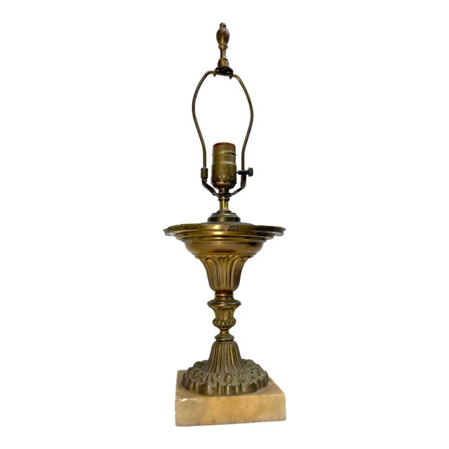 Antique Ornate 1800's Electrified Heavy Brass Marble Stone Astral Oil Table Lamp For Sale
