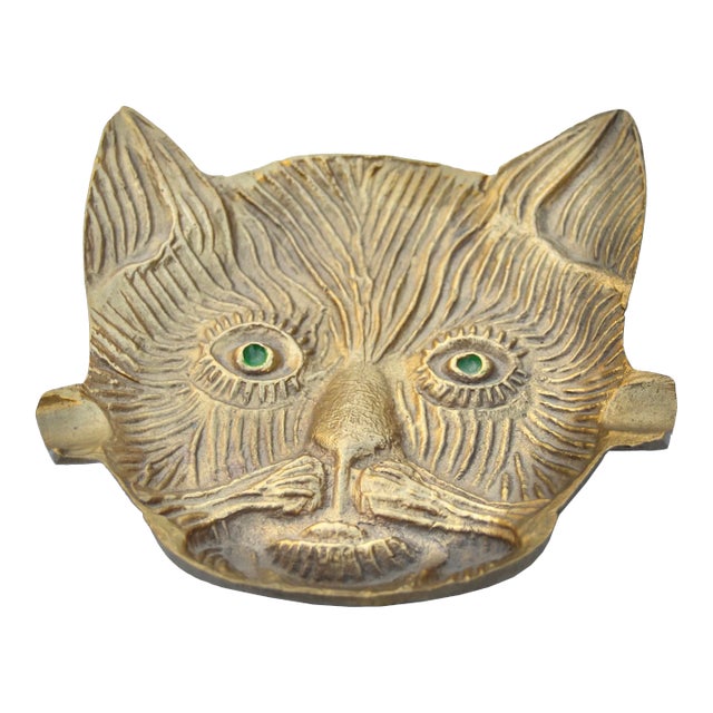 Vintage Hand-Engraved Brass Cat Ashtray For Sale