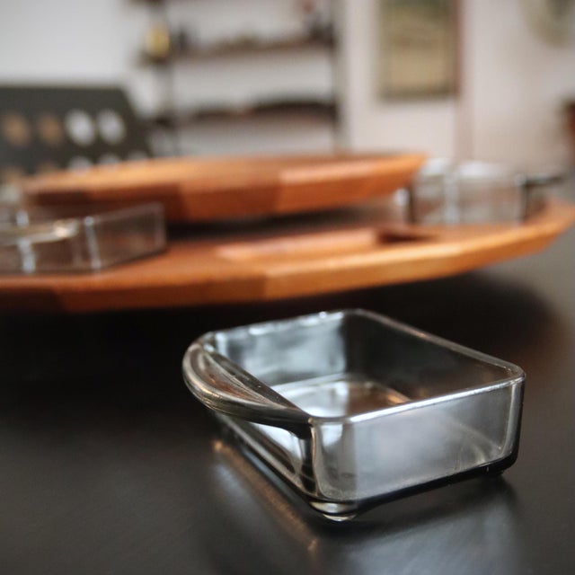 Mid-Century Modern Lazy Susan Rotating Wooden Tray with 8 Smoked Glass Bowls, 1960s, Set of 9 For Sale - Image 3 of 5