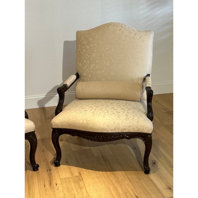 Pair Custom French Style Bergere Chairs in Tortoise Shell Finish, Nailhead Trim Upholstered in Classic Cloth Silk Fabrics...