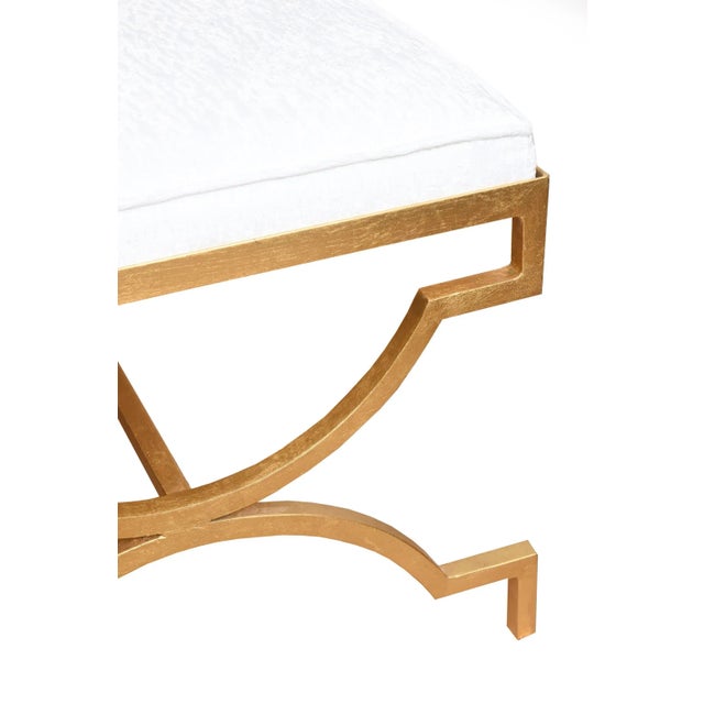 Tommi Parzinger Vintage RareTommi Parzinger Gold Leaf Over Iron and White Velvet Upholstered Bench Restored For Sale - Image 4 of 7
