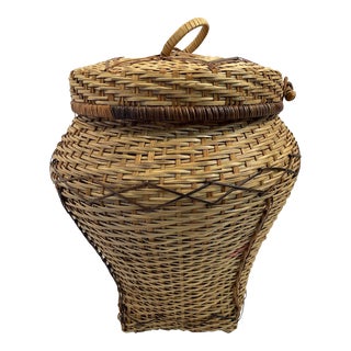 Hand Crafted Wicker Woven Lidded Basket For Sale