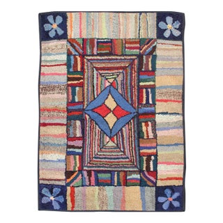 Antique American Hooked Rug With Colorful Geometric Design With Striped Border For Sale