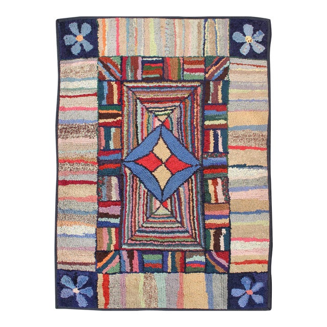Antique American Hooked Rug With Colorful Geometric Design With Striped Border For Sale