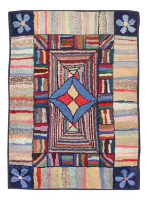 Antique American Hooked Rug With Colorful Geometric Design With Striped Border