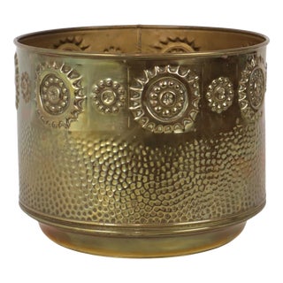 Large Brass Firewood Bin with Repoussé Relief For Sale