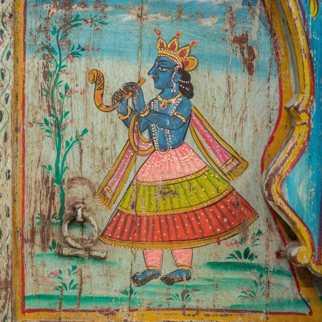 Wood Early 20th Century Antique Folk Art Painted Window and Surround From India For Sale - Image 7 of 12