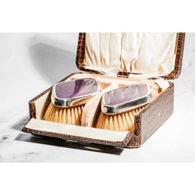 Wonderful Antique English Hallmarked Sterling Silver Vanity Brush Set Presentation Box Purple Celluloid Guilloché Style Edwardian Home Decor For Sale - Image 17 of 18