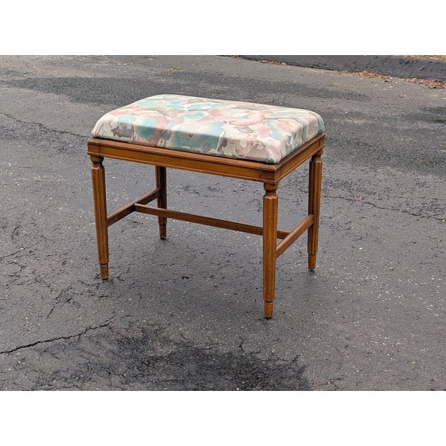 Wood Vintage Georgian Style Mahogany Vanity Bench, Floral Upholstered Dressing Stool, Spindle Leg Accent Chair, Bedroom Seating, Antique Stool For Sale - Image 7 of 7