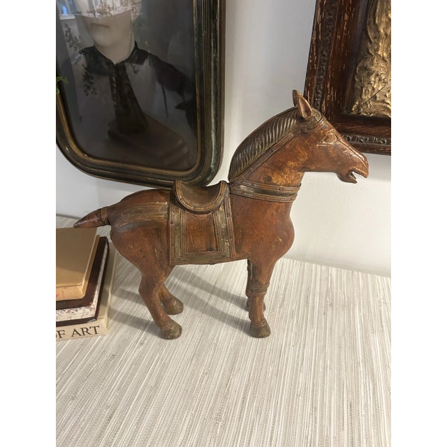 Imported Chinese Carved Horse Figurine With Vintage Brass Details. For Sale - Image 6 of 12