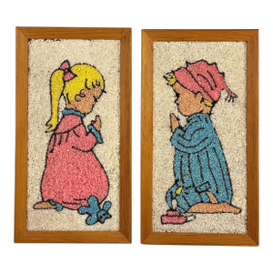 Mid-Century Mosaic Gravel Art Little Boy & Girl Wall Art - A Pair
