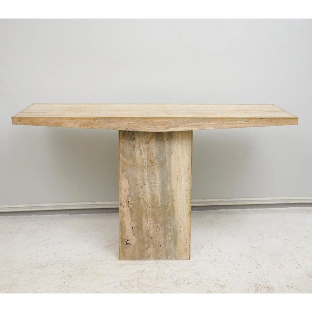 Sculptural Pair of Contemporary Italian Travertine Consoles with Brass Banding. Set of 2. Measurements are for each...
