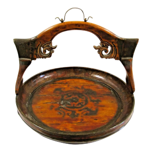 Antique 19th Century Hand-Carved Chinese Wooden Offering Basket With Design