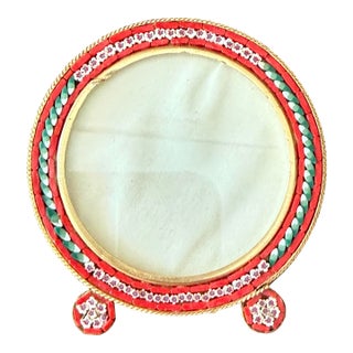 Vintage Italian Micro Mosaic Mini Picture Frame Millefiori Red Green Floral Mosaic Round Gold Tone Frame For Sale